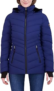 Sponsored Ad - HFX womens Mid-weight Puffer Jacket – Stretch Fabric Winter Coat, Faux Fur Hood Lining, Thumbhole Cuffs