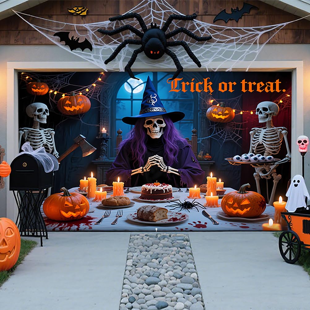 ZFFLYH Halloween Garage Door Cover Banner Decorations, Large Hanging Banner Backdrop Mural for For Outdoor Home Yard Halloween Decor Party Photo Backgrounds,Halloween Dinner,13 * 6FT