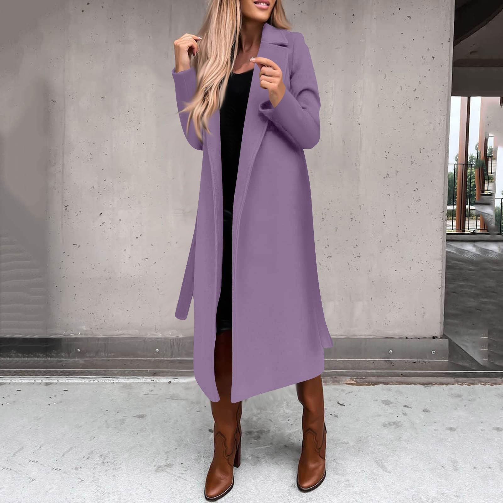 Long Trench Coats For Women Fashion Faux Wool Coat Blouse Thin Solid Jacket Ladies Notch Lapel Overcoat With Belt