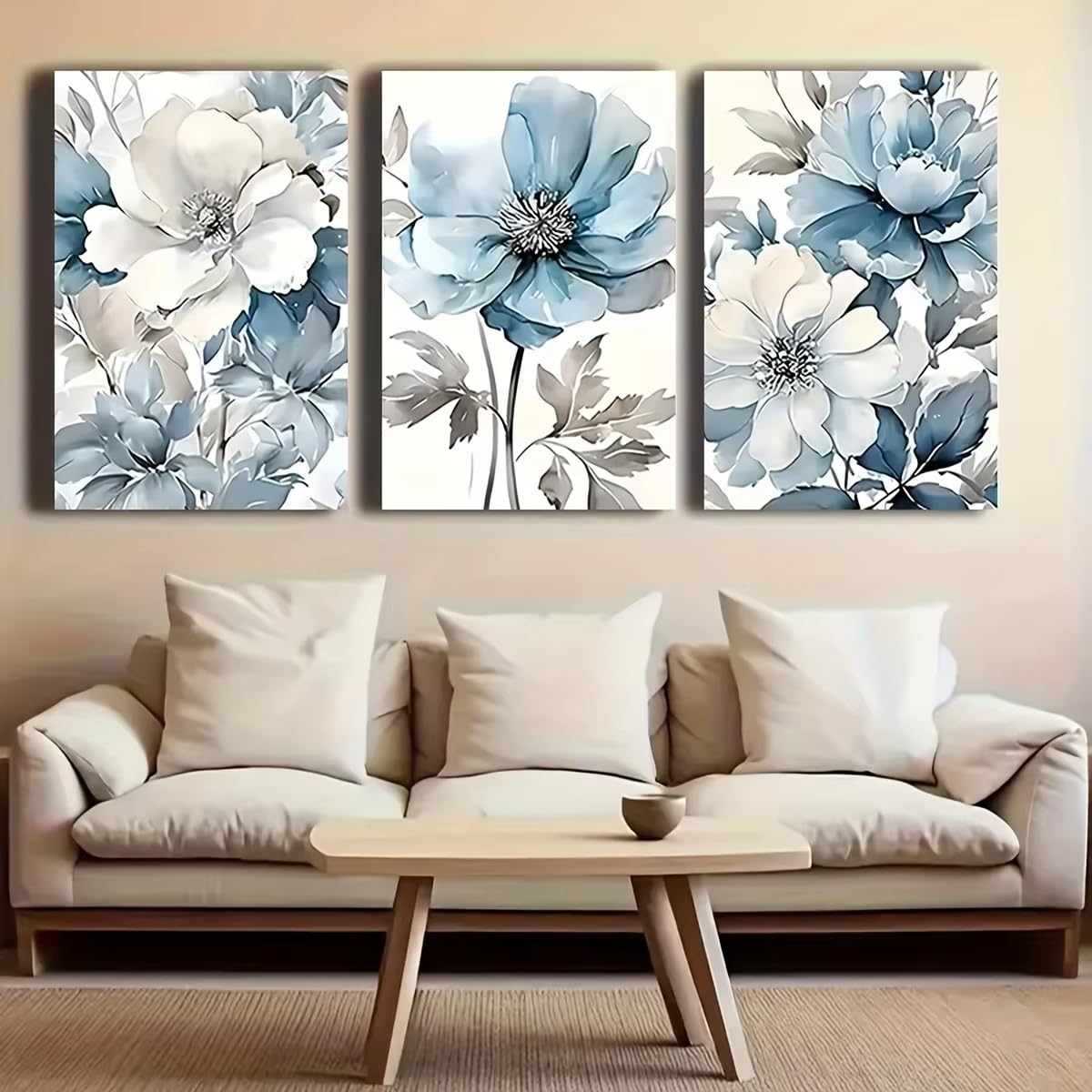 AEFOUU 3 láminas de arte floral en lienzo, azules y blancas, con elegantes diseños modernos para la decoración de salas de estar, dormitorios, oficinas en casa y cafeterías (70x100cm/marco interno)