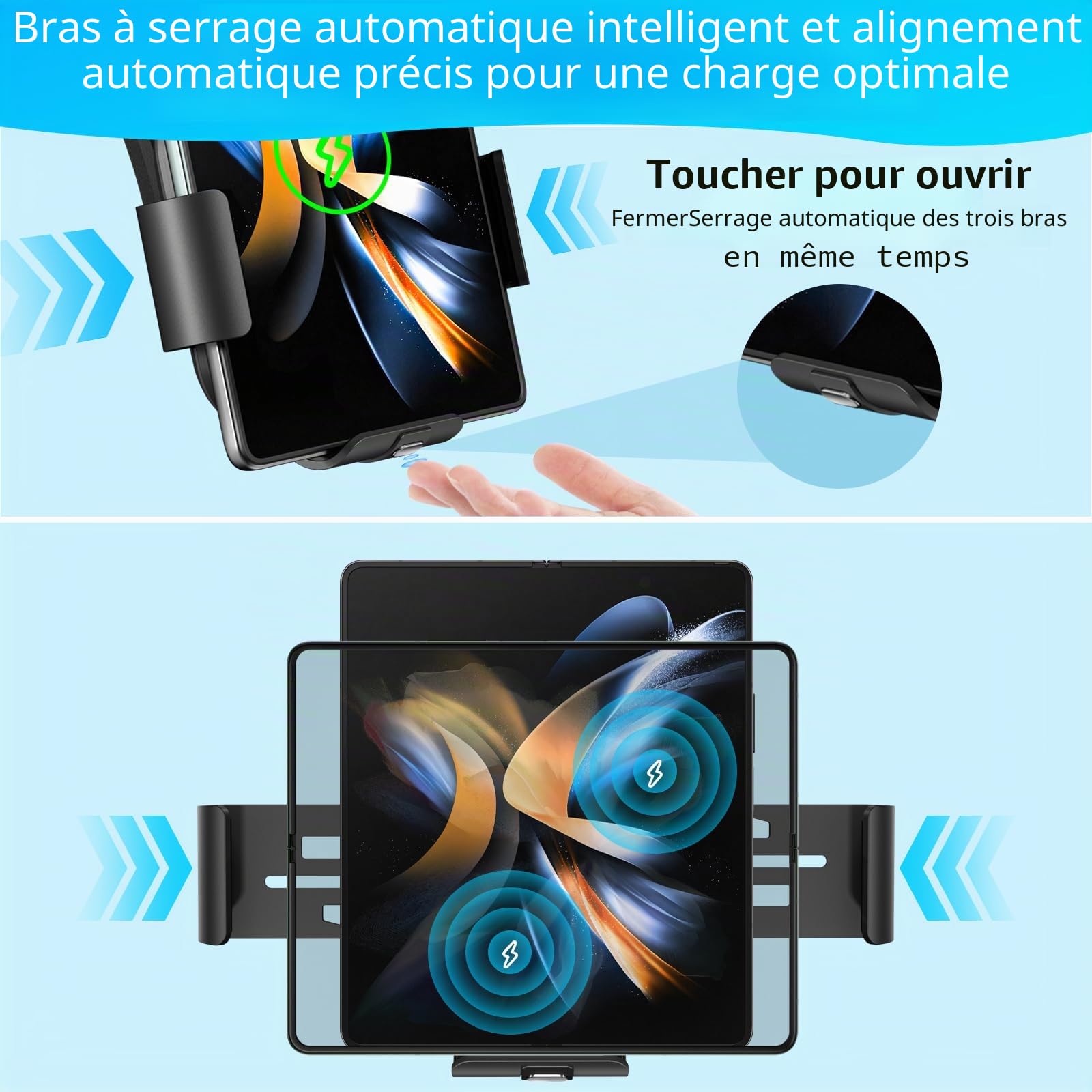 Dual Coils Support de téléphone portable sans fil 15 W avec fonction de charge à induction automatique Qi Chargeur de voiture sans fil pour Samsung Galaxy Z Fold 6/5/4/3 USB QC 3.0