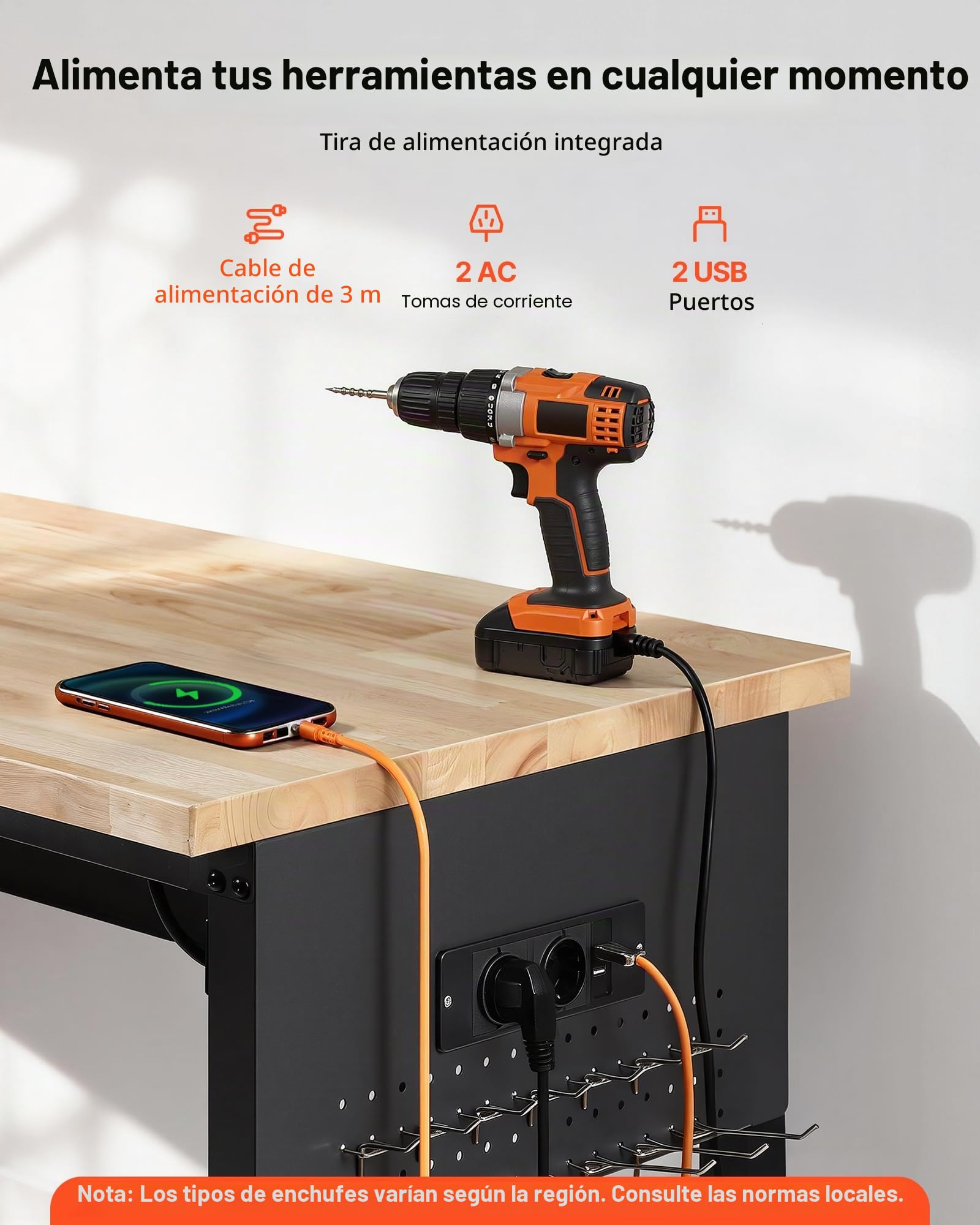 VEVOR Banco de Trabajo con Cajón 152,4 x 61 cm, Mesa de Taller Altura Ajustable de 6 Niveles de 76-101 cm, Carga de 680 kg, Mesa de Madera Marco de Metal con Ruedas para Oficina, Garaje, Taller