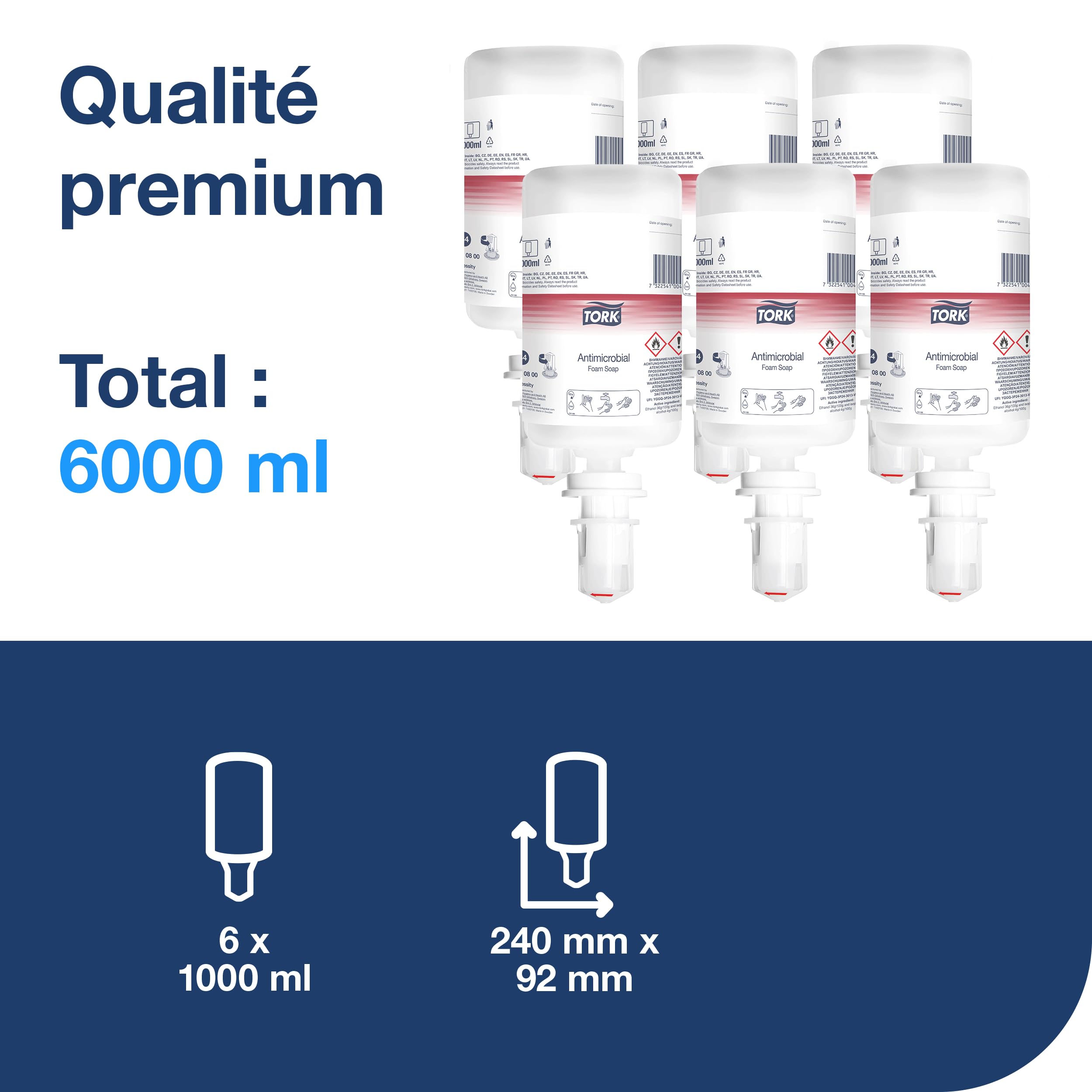 Tork Savon mousse antimicrobien pour les mains S4, qualité Premium, sans parfum, 6 x 1000 ml, 520800