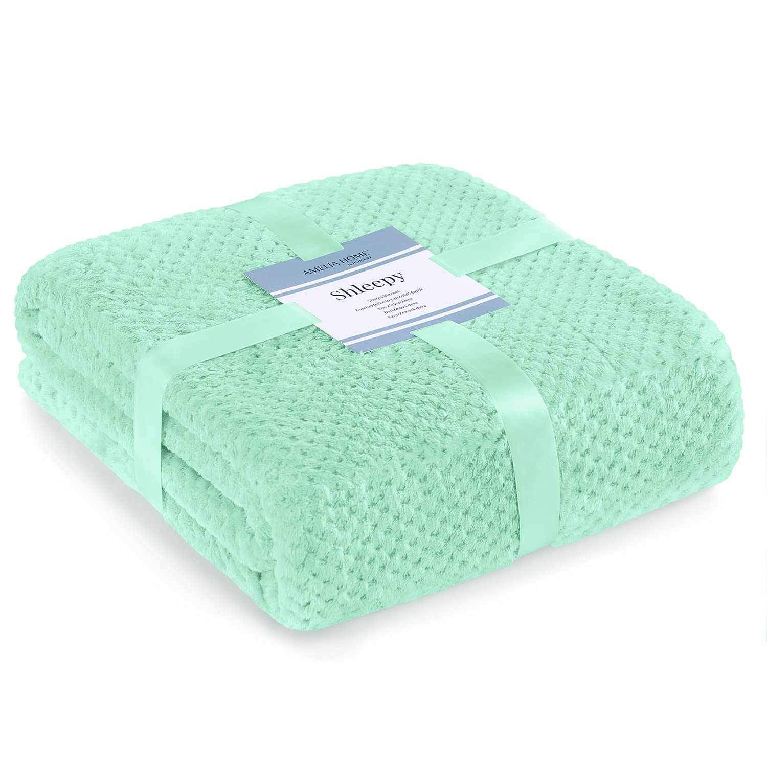 AmeliaHome Cuddly Blanket 130 x 180 cm Delicate Quilted Sherpa Lambskin Look Blanket Shleepy Peppermint