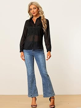 Allegra K Sheer Button Up Blouse for Women's See Through