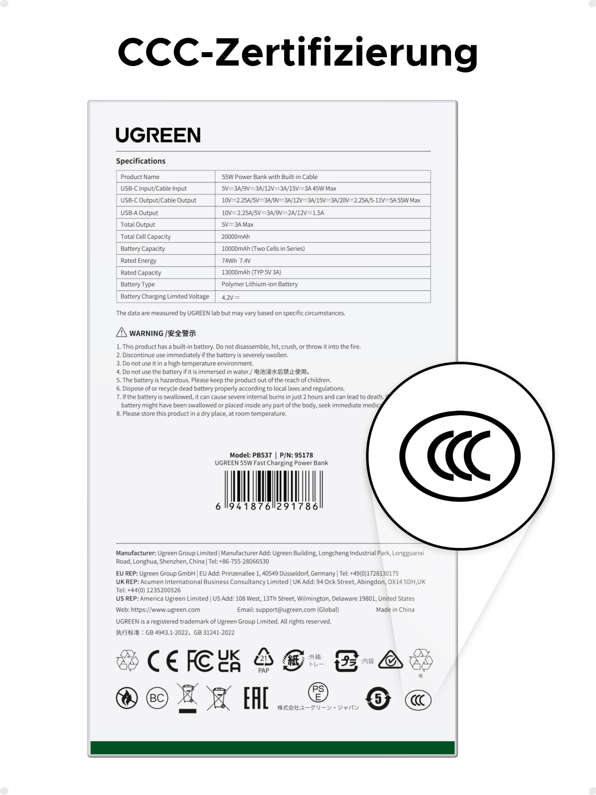 UGREEN Nexode Power Bank 20000mAh 55W mit CCC-Zertifizierung