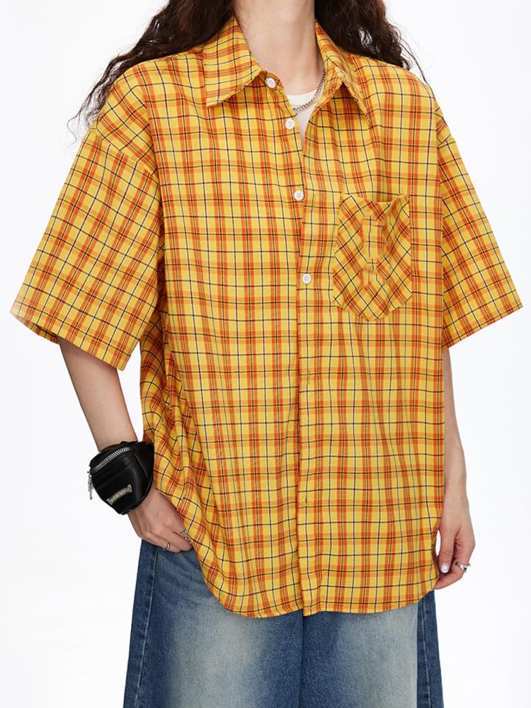 Chemise Femme à Carreaux Jaune à Manches Courtes Brodée Lettres