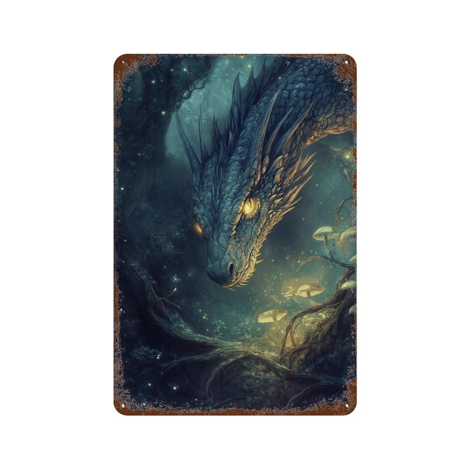 Fantasy Forest Dragon Artwork Vintage Rust Metal Sign 11.8"x7.9", Classic Wall Plaque for Garage, Pub Or Kitchen