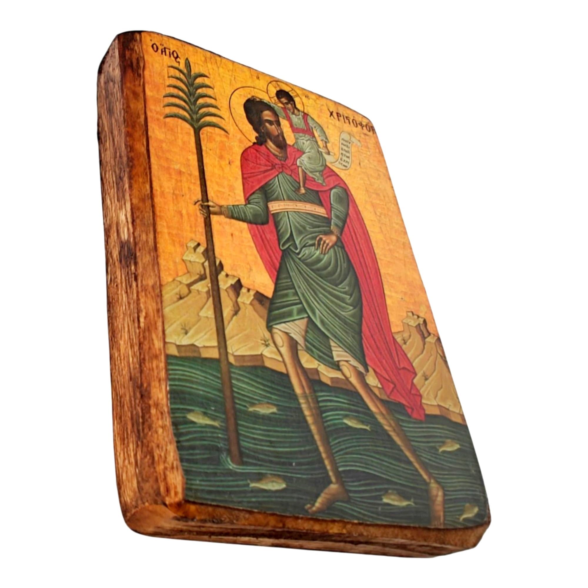Icône grecque orthodoxe Saint-Christophe Christoforos faite à la main bois 9x7 cm art mural chrétien cadeau dévotion