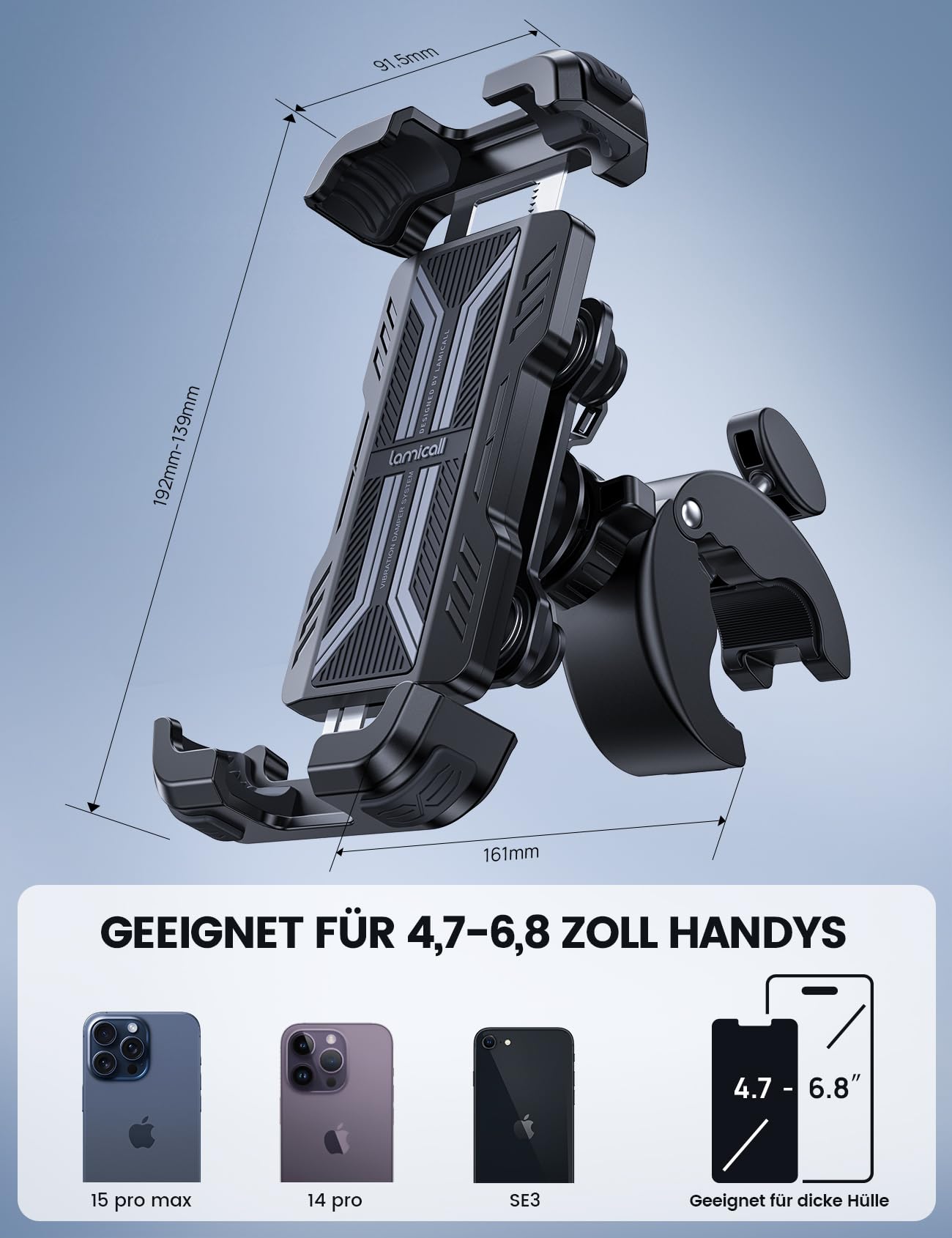 Lamicall Motorrad Handyhalterung, Handyhalter Fahrrad - [TOP Doppelt Vibrationsgedämpft] Handy Motorradhalterung, 360° Drehbare Lenker Halterung für iPhone 17 16 15 Pro Max Samsung 4,7-6,8" Smartphone