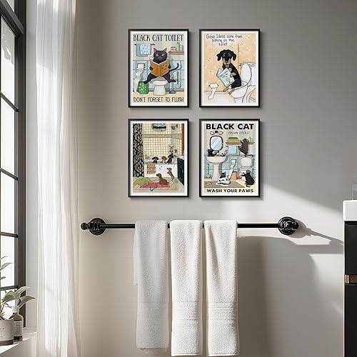 Miniatura 4 de Divertida decoración de pared enmarcada para baño, 4 piezas de bonitos lienzos de gato negro y perro, animales sentados en la bañera en el inodoro,