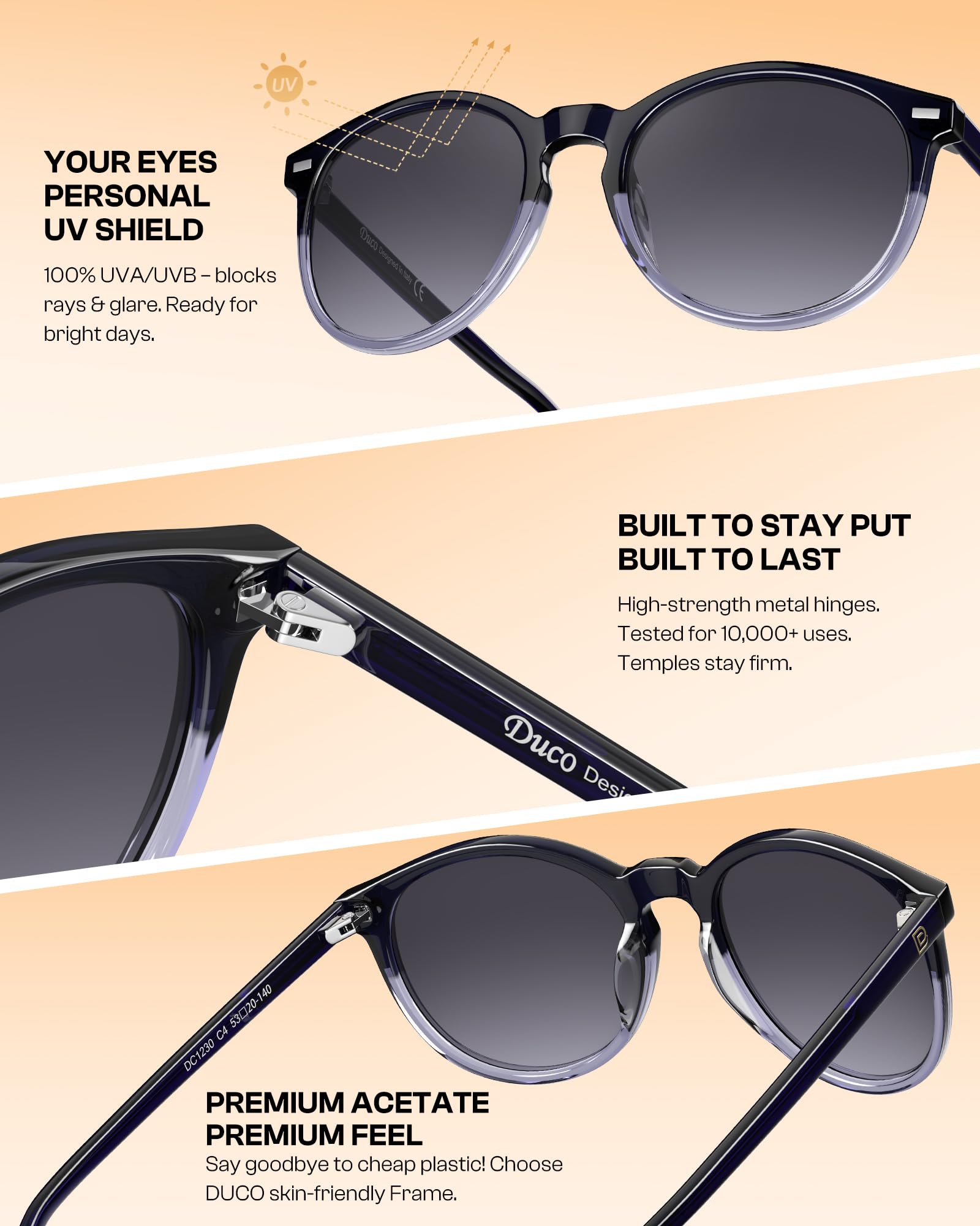 DUCO Lunettes de Soleil Femme Polarisées Mode Rétro Vintage la Protection UV 400 pour Conduire Voyager DC1230