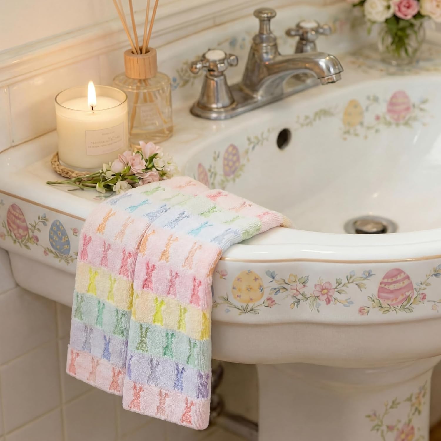 Hahafelt 3 Pcs Easter Hand Towels for Bathroom Easter Bunny Egg Rabbit Pattern 100% Cotton Absorbent Cute Spring Decorative Towels for Bathroom Kitchen Decor Gift, 13.4 x 30 Inch (Pastel,Rabbit)