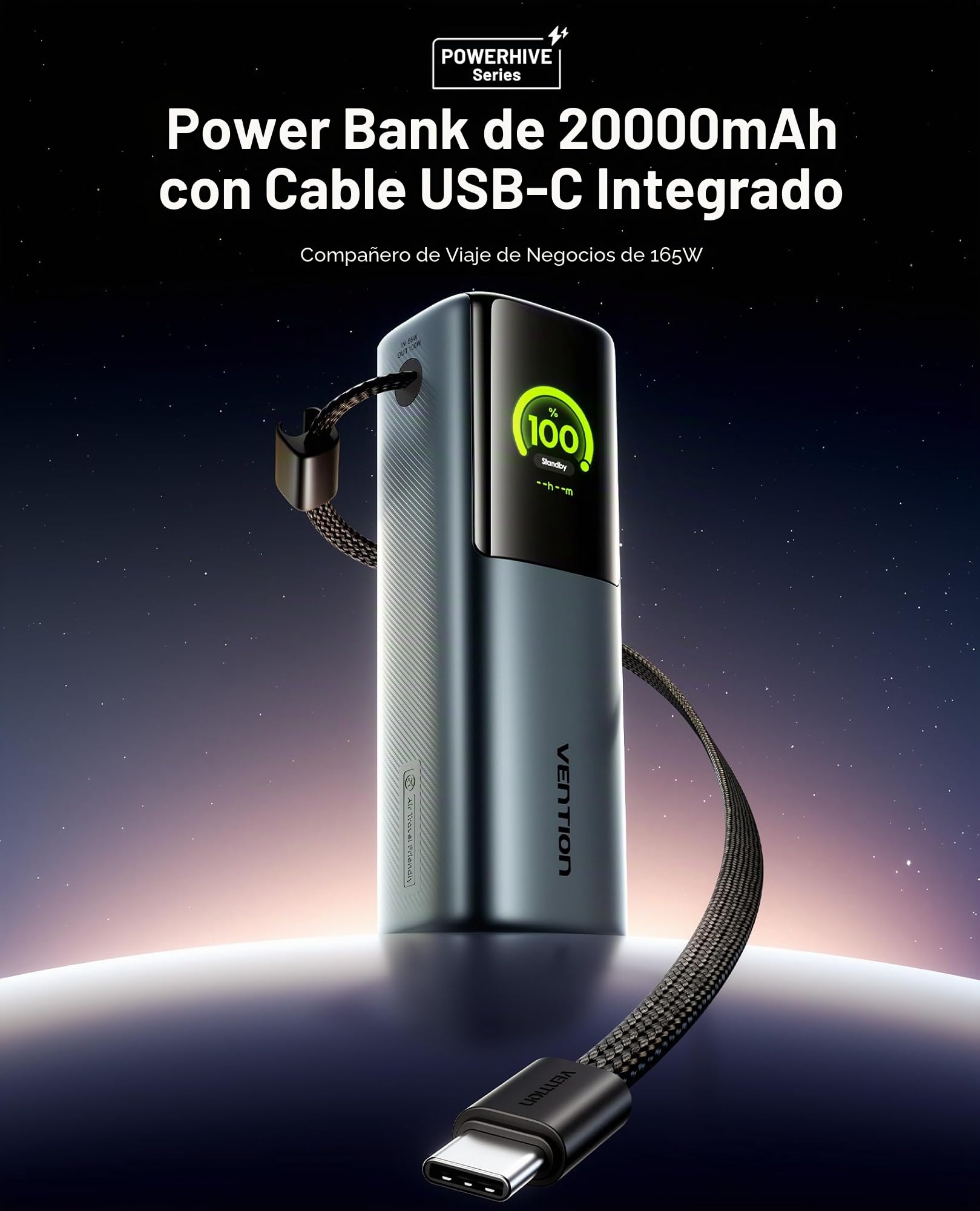 VENTION Power Bank 20000 mAh 165W, batería Externa Carga rápida con Pantalla Digital y animación Emoji, Cable USB-C Integrado, 2×100W USB-C + USB-A, para MacBook Pro, DELL/HP, iPhone 17/16/15, Galaxy