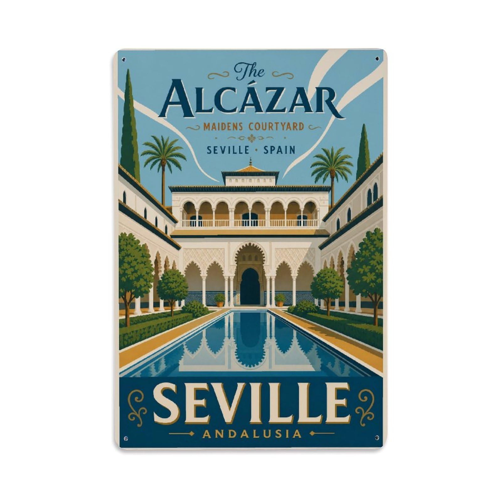 Yrnq 08X12inch Vintage Style Vintage Alcazar Maidens Courtyard Reflecting Pool Spain Metal Tin Sign