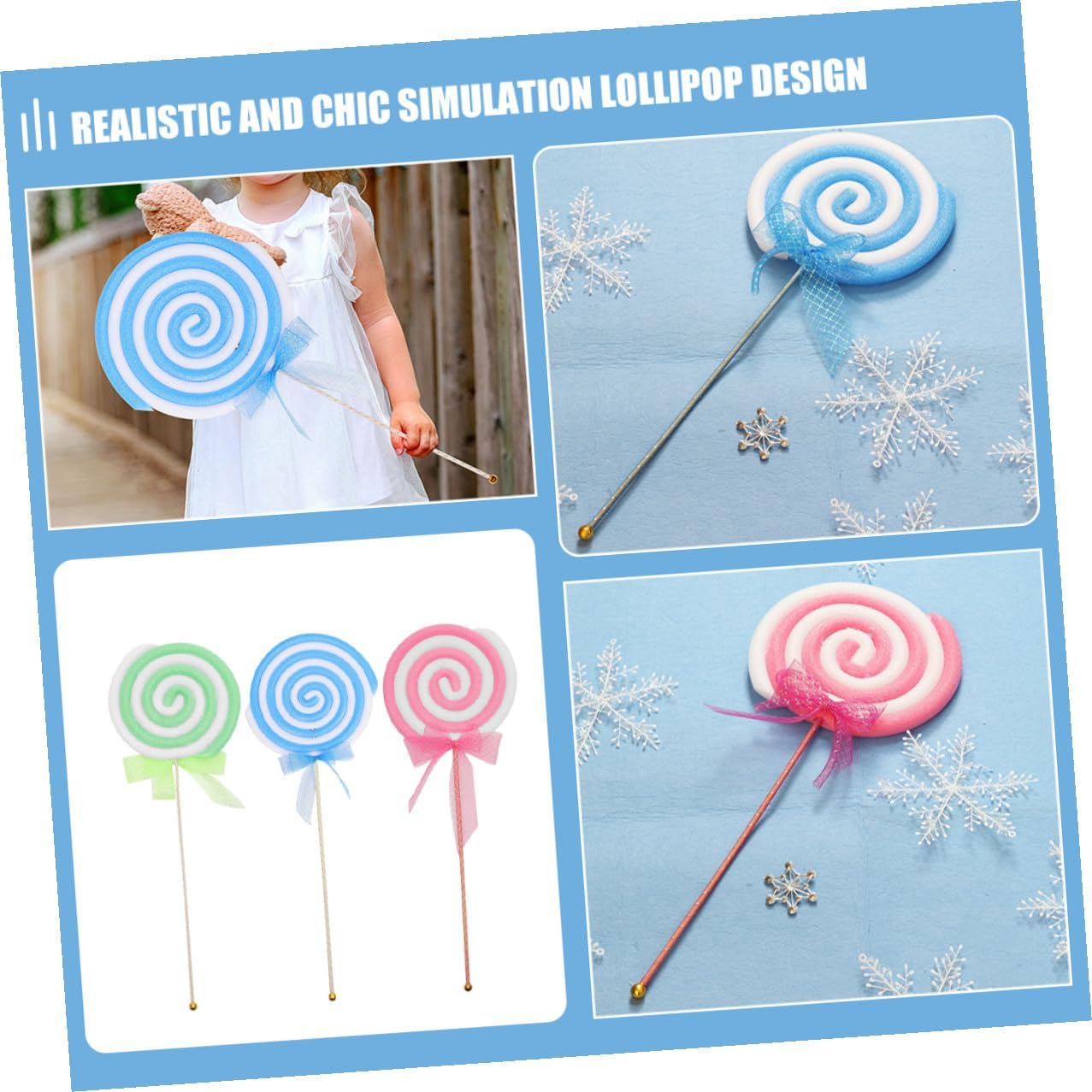 PRETYZOOM 3pcs Simulated Lollipop Photo Prop Set Small Red Green Blue Foam Candy Decorations for Party Photo Booth Carnival Event