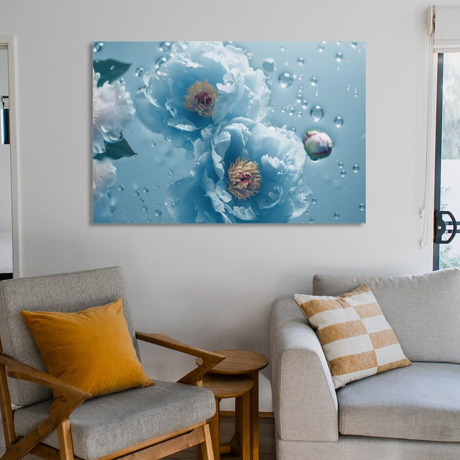 Amazon.co.jp: 絵画 青の背景に水に浮かぶ青い牡丹 アートパネル