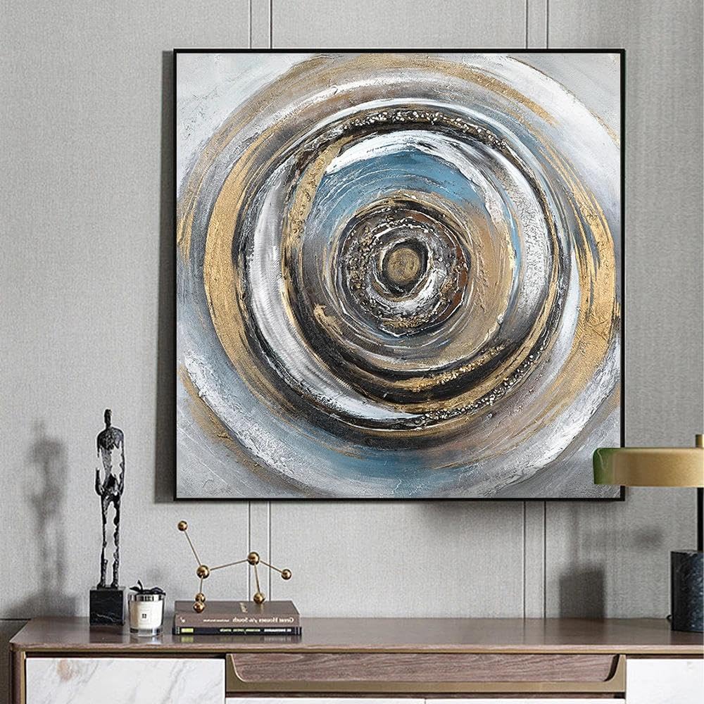 LIUYUYOUGO Abstract Wall Art Blue Silver And Golden Foil Vortex Oil Paintings On Canvas Hand Painted 3D Textured Circular Artwork Painting For Living Room Bedroom Office Decor 60X60Cm(24X24Inch)