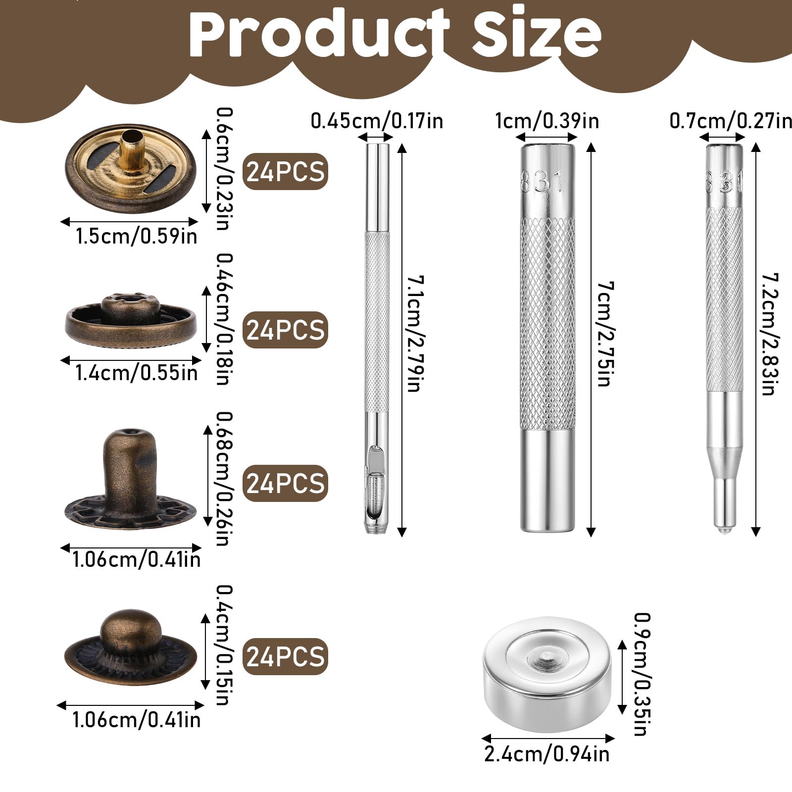 24 Sets Leather Snap Fasteners Kit, 15mm Metal Snap Buttons Metal Leather Press Studs Kit with 4pcs Installation Tools Heavy Duty Leather Snap Button for Clothing Hats Jackets Jeans Canvas (Bronze)
