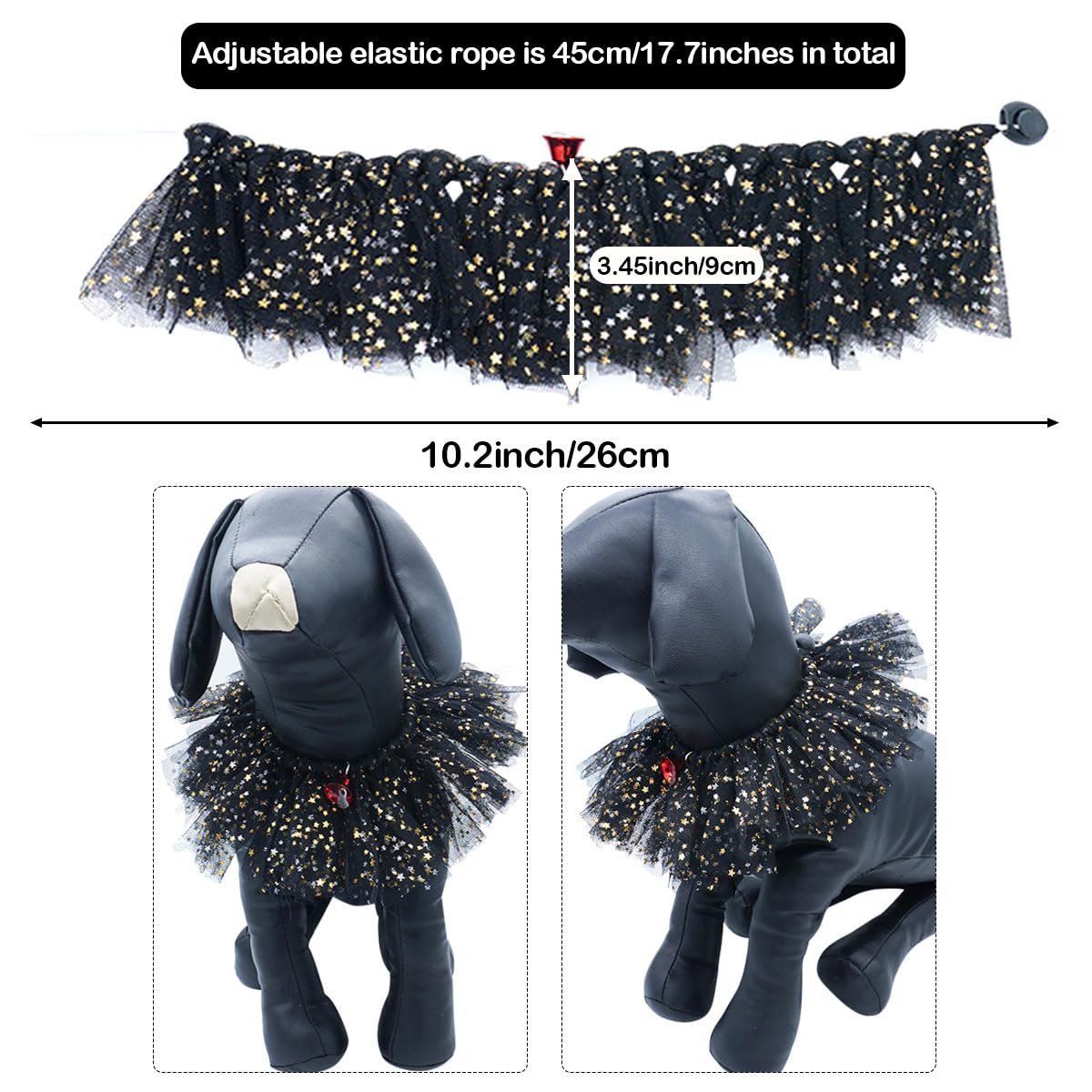 BIPY Black Dog Tutu Collar with Bell Neck Accessories for Small Dogs Cats Adjustable Necklace with Sequin Party Holiday Drawstring Pets Costume - Image 2