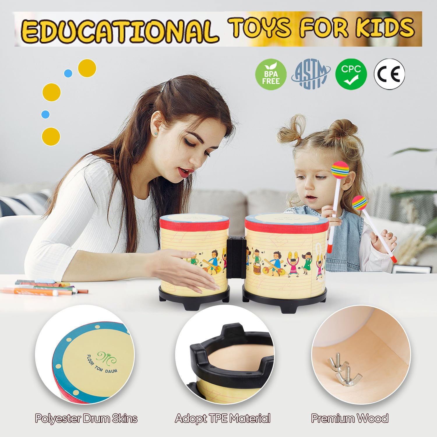 Bongo - Tambores para niños de 5 a 6 pulgadas con 2 baquetas de colores, instrumentos musicales de percusión rítmica para niños, niñas, regalo de cumpleaños 2