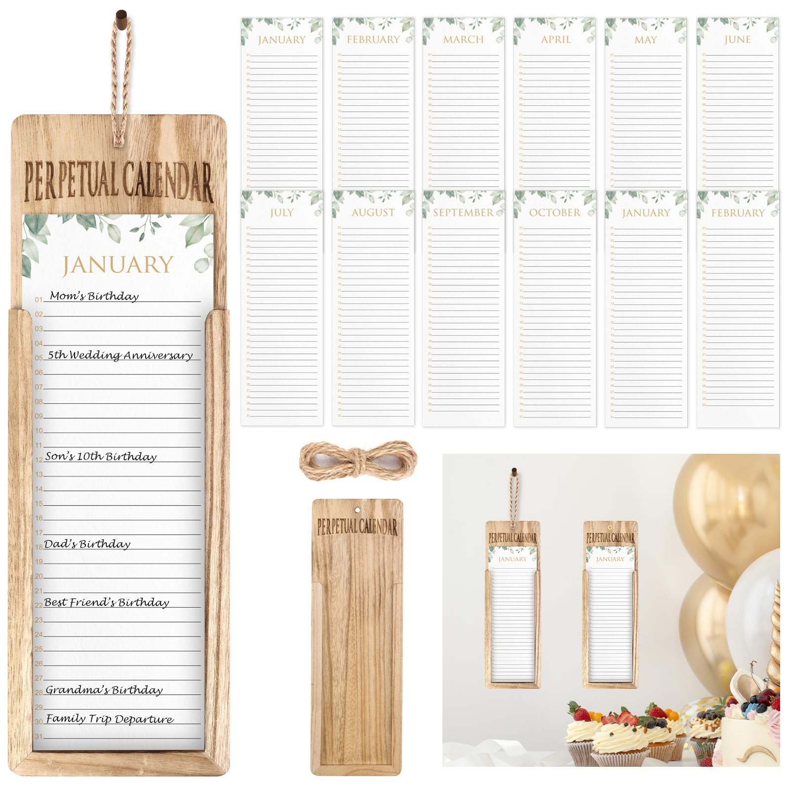 Perpetual Monthly Wall Calendar Planner for Important Dates 36x12cm Solid Wood Birthday Calendar Celebration Reminder Board Nail & String Hanging For Record Birthdays Anniversaries Special Days