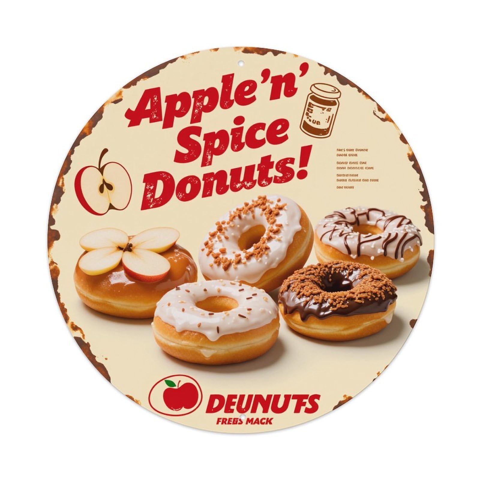 Apple Spice Donuts Pattern Print Round Tin Sign Vintage Metal Poster, Home Bar Garage Man Cave Cafe Indoor & Outdoor Wall Decoration 8x8Inches
