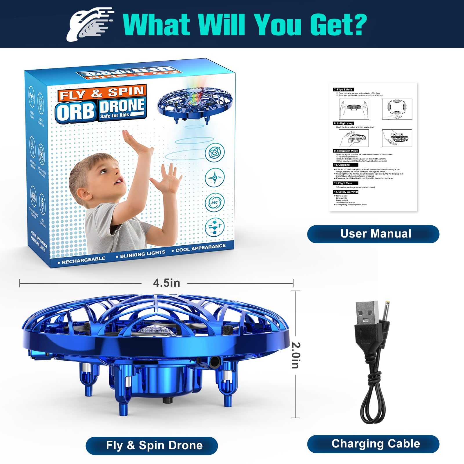 Drone manuale per bambini, Drone volante semplice con sensore di movimento AI, Drone ricaricabile per bambini da 8 a 12 e 6-8, mini quadcopter sicuro con volo automatico, rullo a 360 gradi, droni