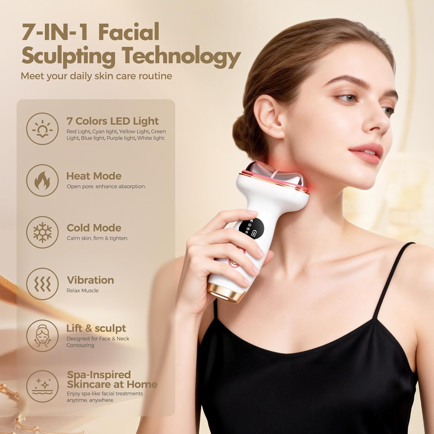 ZoGoo Upgraded Hot & Cold Dual Mode Face and Neck Beauty Massager, 7 in 1 LED Facial Sculptor, 7 Modes -Micro - Vibration - 7 Light -Heating -Ice Compress for Home Skin Care, Face Lift Device