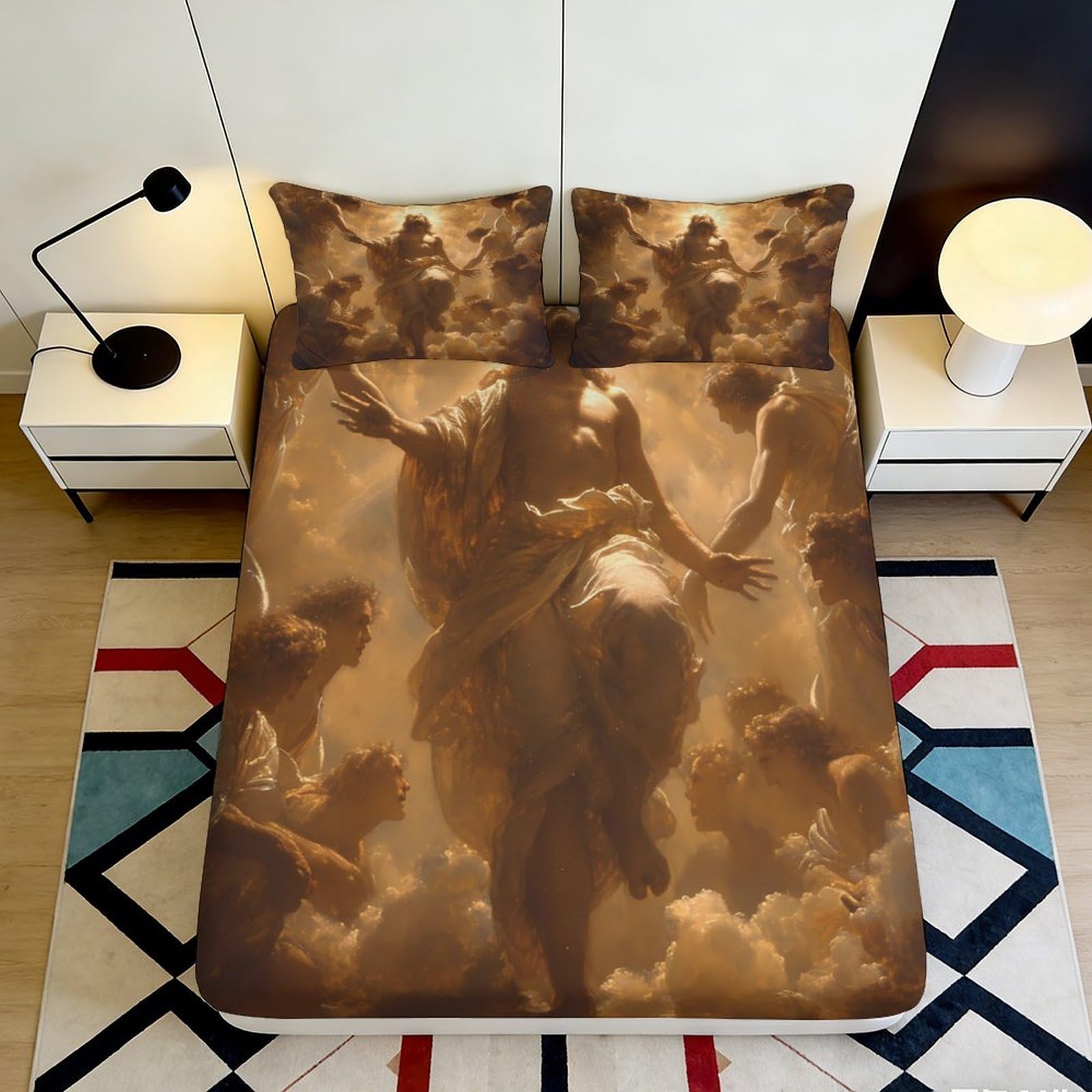 Dhbaneiok Style-4 3D Printed Renaissance Angel Fitted Sheet Microfiber Soft Brown Cloud Mattress Cover For Bedroom Decor Protection 90X200x25cm