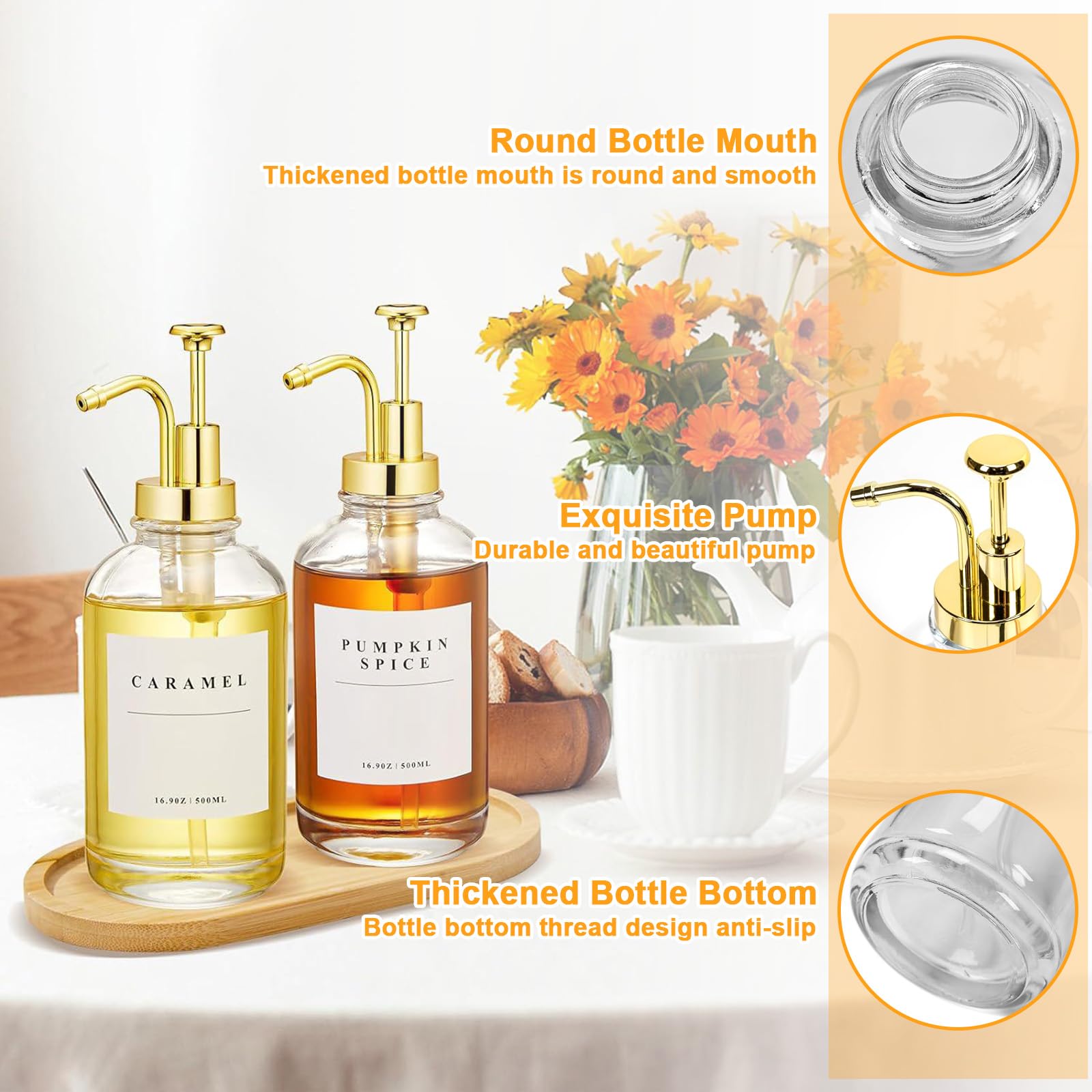 Set 2 Distributore Sciroppo Caffè, con Pompa Dorata, 36 Etichette, Imbuto, Pallet, 500ml Bottiglie Vetro, Dispenser Pompe, Bottiglia Aceto Olio, Erogatore, Accessori Bar, Erogatori Sciroppo per Cucina