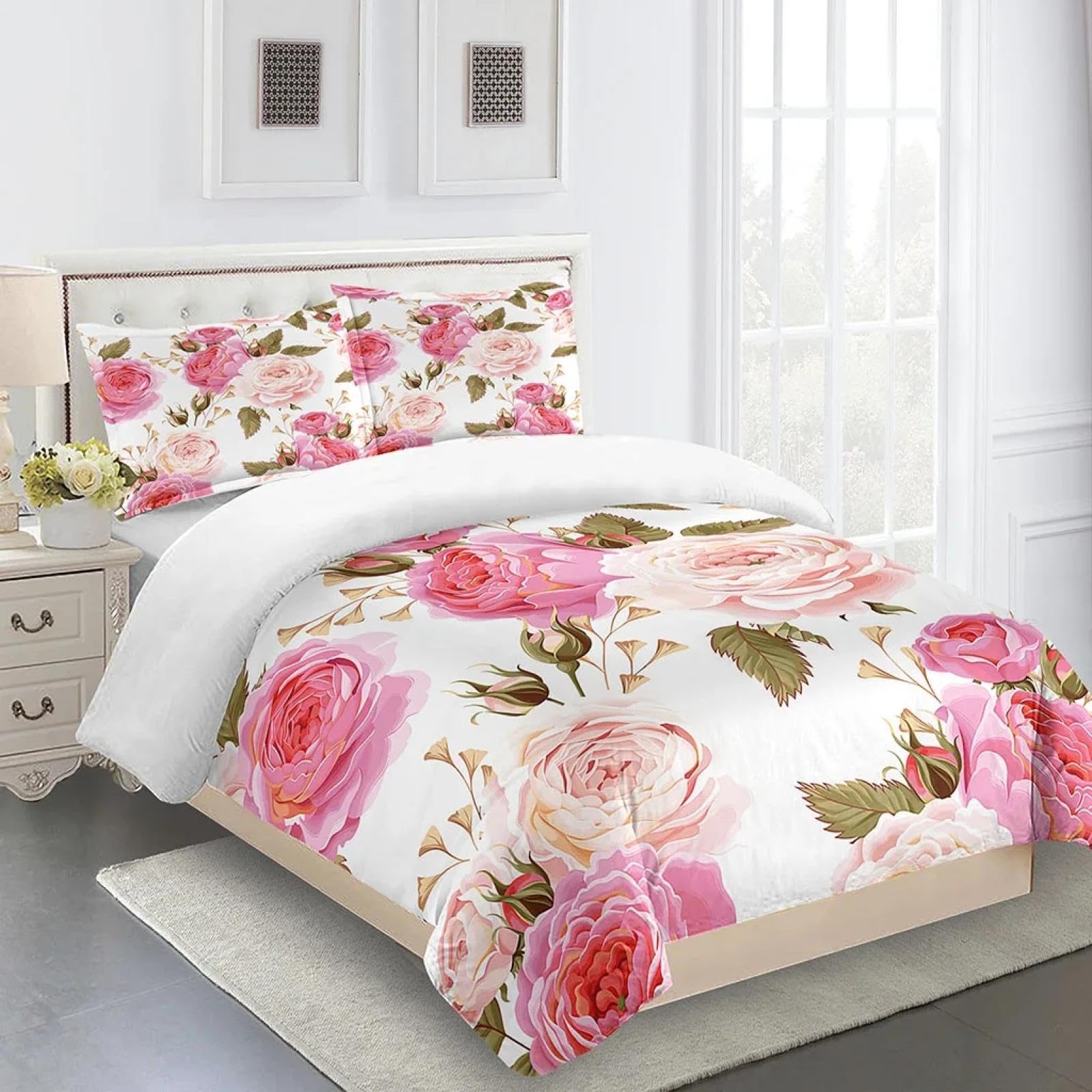 Parure housse de couette fleurs roses en microfibre douce et respirante pour grand lit