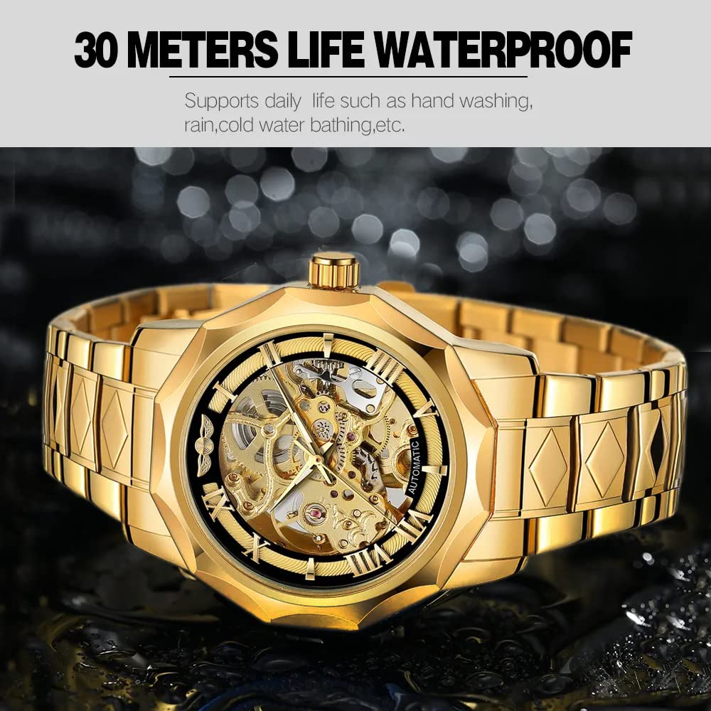Relojes mecánicos para hombre, automático, dorado, transparente, malla de acero, reloj de pulsera esqueleto hombre, hora caliente..