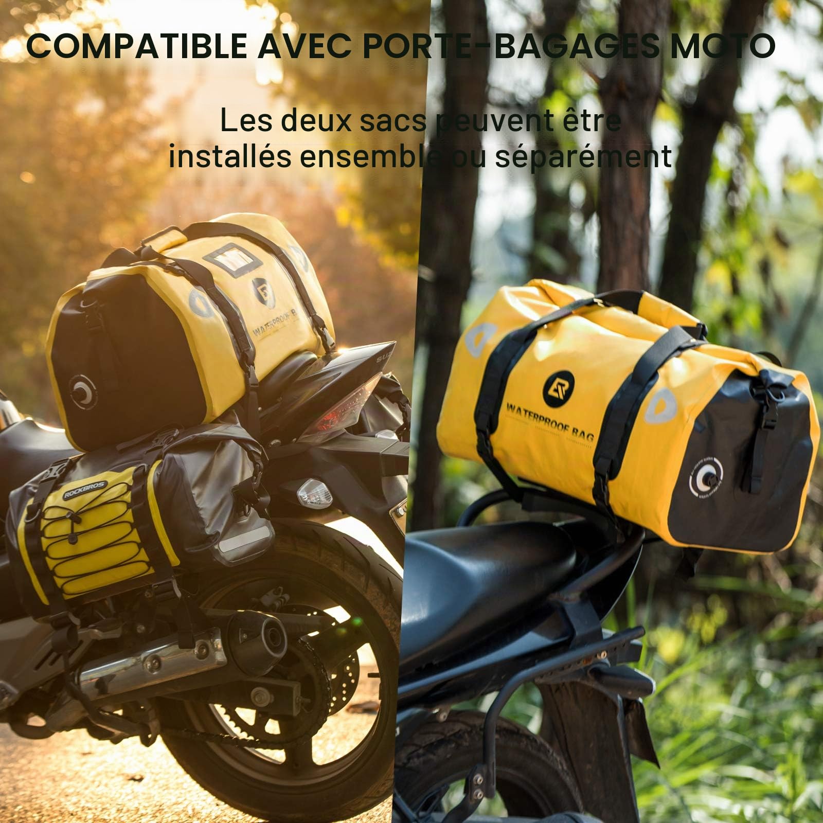 ROCKBROS Sacoche de Selle Moto Rangement Arrière Etanche Sac de Voyage 55/62L Grande Capacité Sangle Réglable Universel Noir Gris Jaune