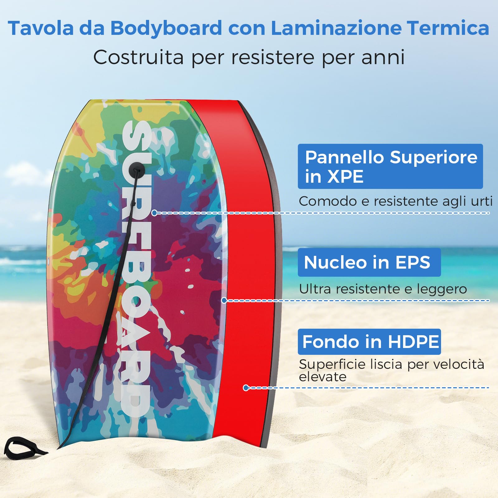 COSTWAY Tavola da Surf 33"/37"/41", BodyBoard con Guinzaglio per Polso in XPE + EPS + HDPE, Tavoletta Surf Leggero per Bambini, Ragazzi e Adulti