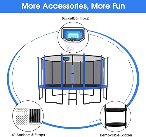 Miniatura 6 de YORIN Tranpoline 16FT 15FT 14FT 12FT 10FT 8FT Tranpoline for Kids and Adults 1500LBS Tranpoline with Basketball Hoop, Enclosure Net, Back Yard Heavy