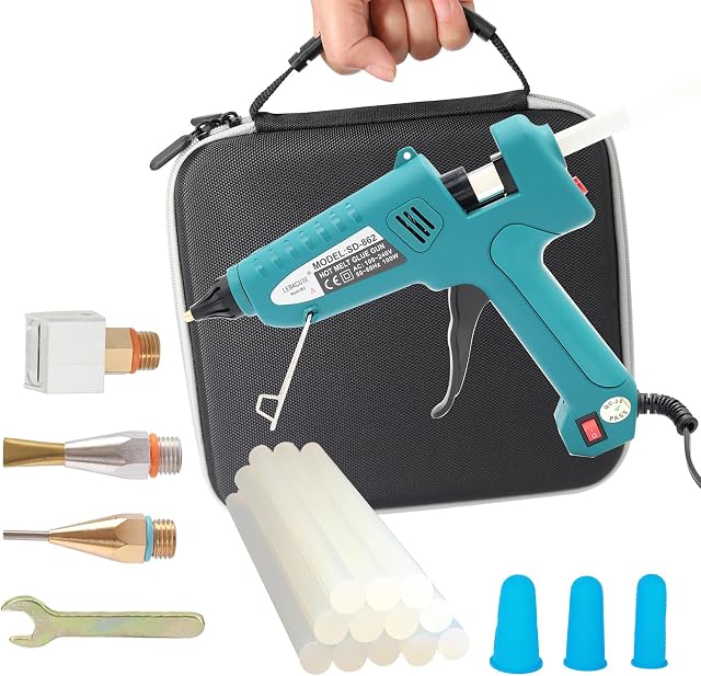 Professional Hot Glue Gun Kit, Full Size,with EVA Hardshell carrying case | Luxury Set, 4 Interchangeable Copper Nozzles, 12 Glue Sticks Included