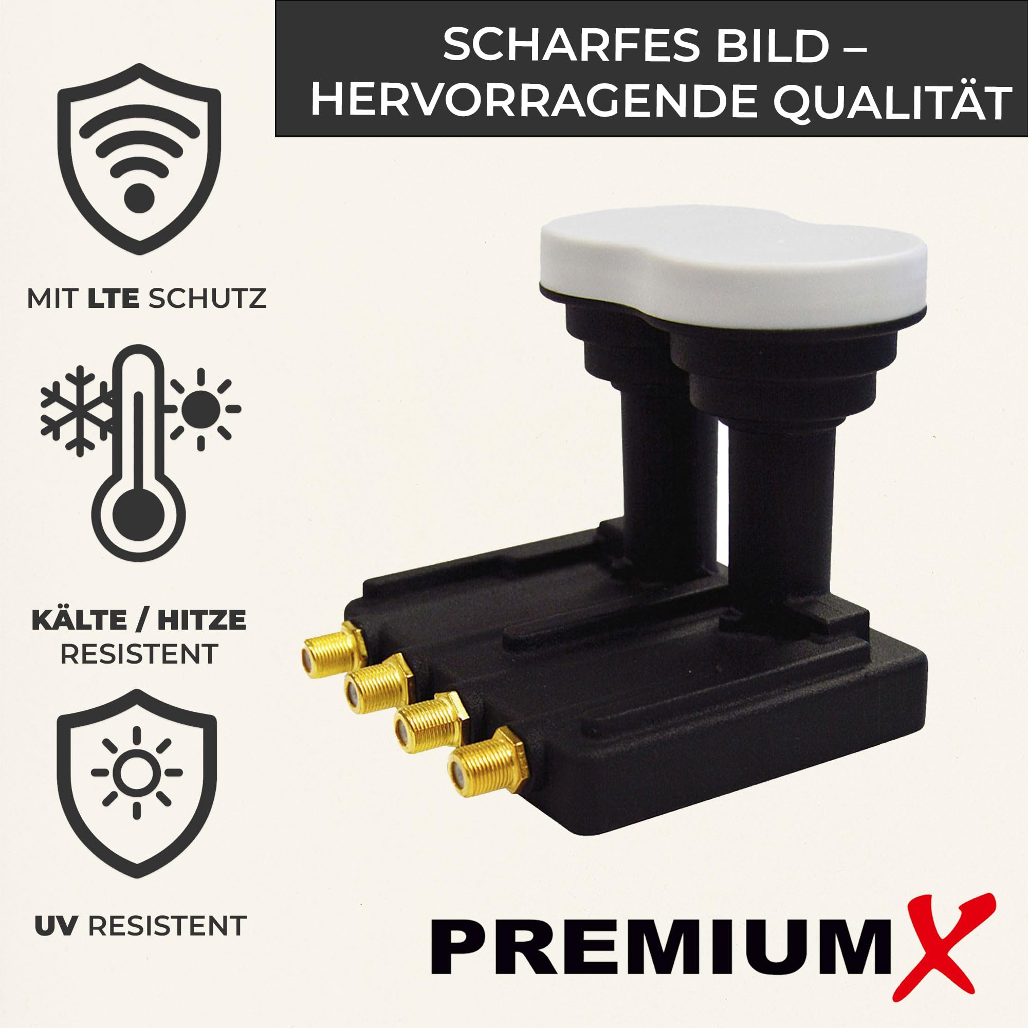 PremiumX Monobloc lnb Quad 3 ° pxmb3q 0,1 DB Astra 19,2 eutelsat 16 HDTV fullhd ultrahd 4k 3D Capable de 4 participants
