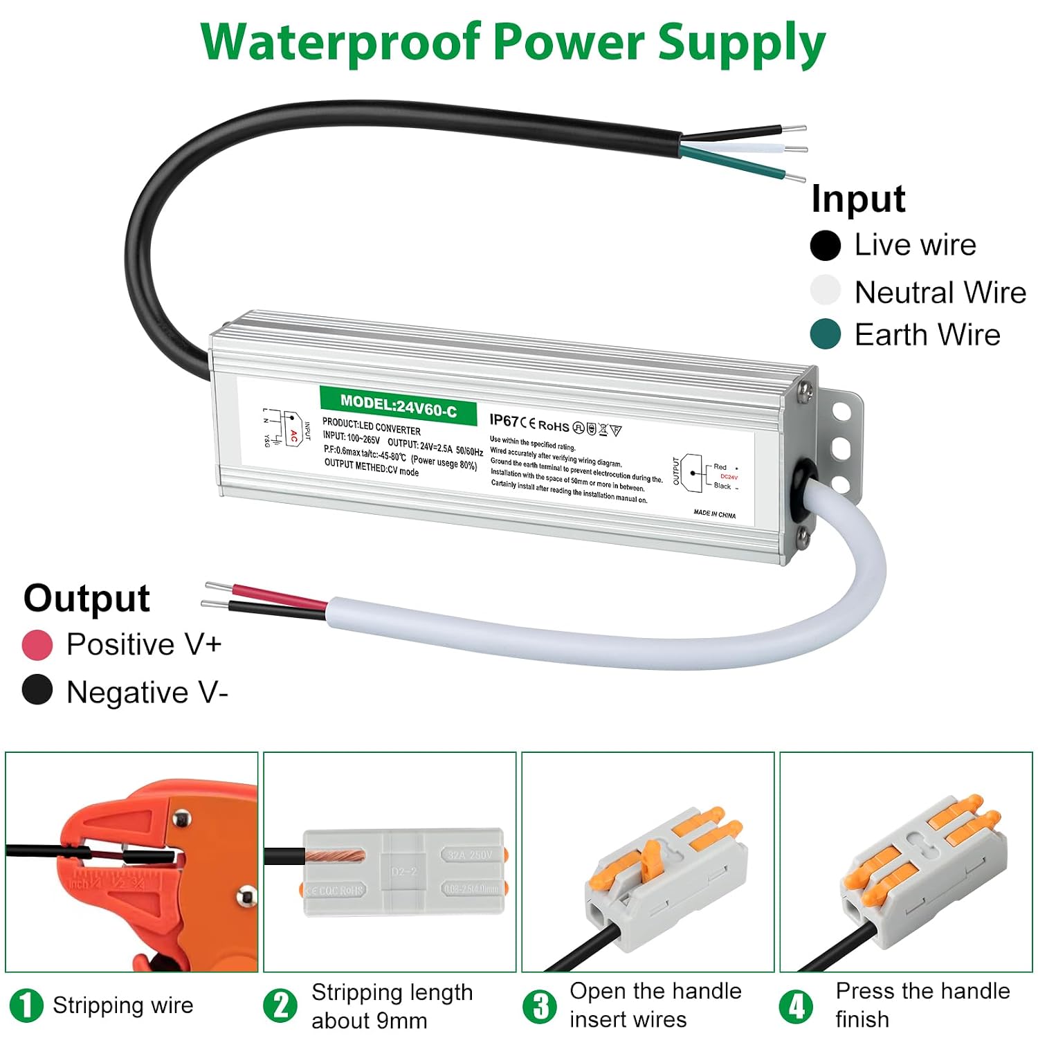 LED Driver 60 Watts, 24V Power Supply 2.5A Waterproof IP67, 120V AC to 24V DC Converter, for LED Strip, Landscape, Garden, and Outdoor Lighting