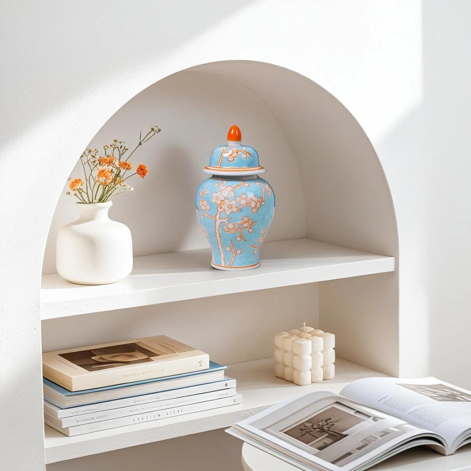 Blue and White Ceramic Ginger Jar with Lid - Antique Chinoiserie Decor 7.85 Inch Hand-Painted Floral Vases for Home Decor, Wedding, or Tabletop