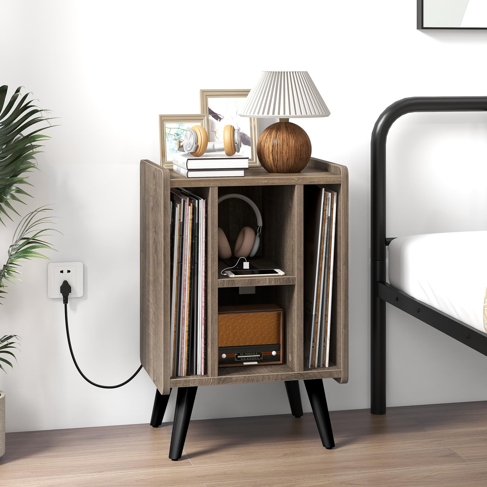 RELAX4LIFE Supporto per Giradischi con Stazione di Ricarica, Porta Vinili con 4 Scomparti Aperti, Espositore per Dischi, Carico Max 90kg per Ufficio, Studio, Camera da Letto