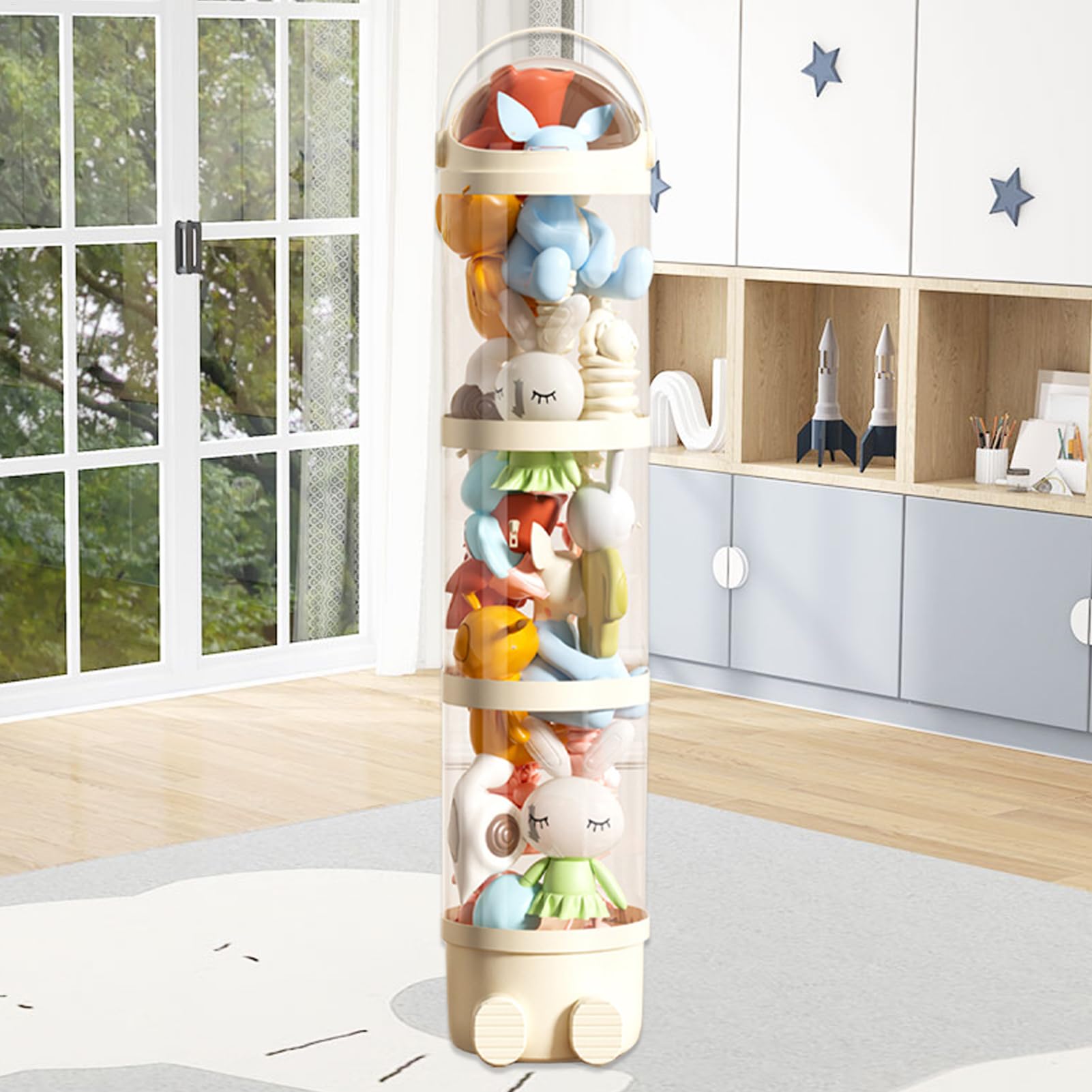 Generisch Rollo de almacenamiento de peluche, 162 cm, tubo de almacenamiento vertical para juguetes, organizador de muñecas transparente, 4 niveles con diseño que ahorra espacio para habitación
