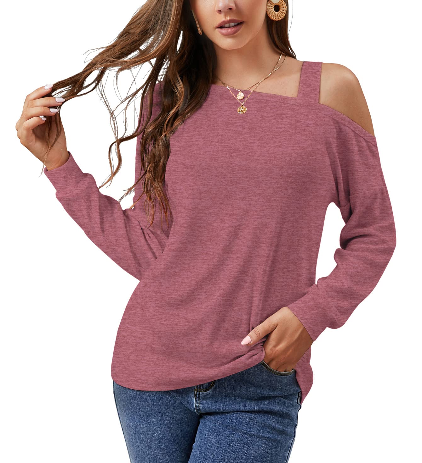 JiNKesIWomen's Long Sleeve Tunic Tops Casual Cold Shoulder Blouse Shirts Mauve-Small