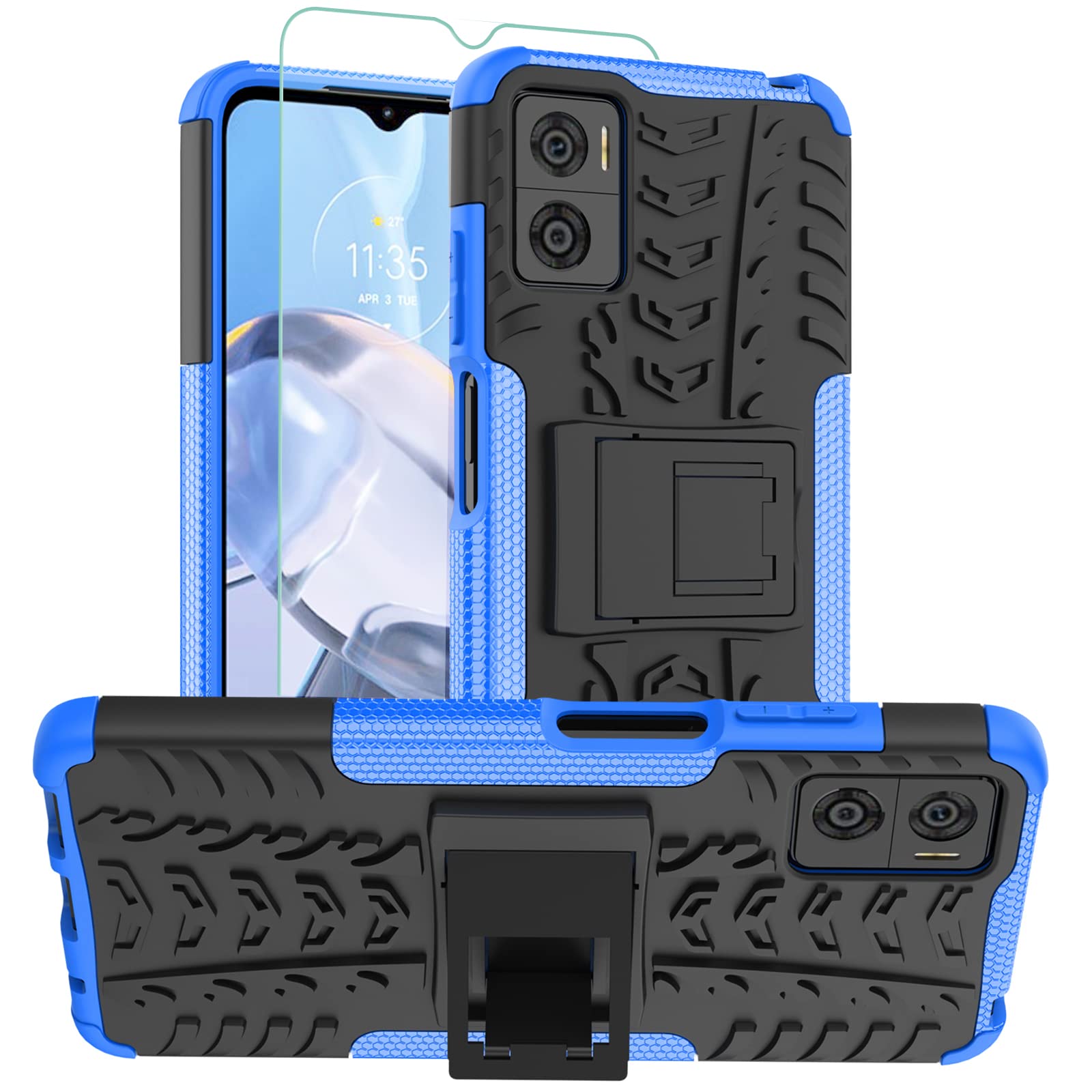Osophterfor Moto E22 Case,Moto E22i Case with Screen Protector Heavy Duty Shock-Absorption Cover Protective Cell Phone with Kickstand Combo Back Cover(KUI Blue)