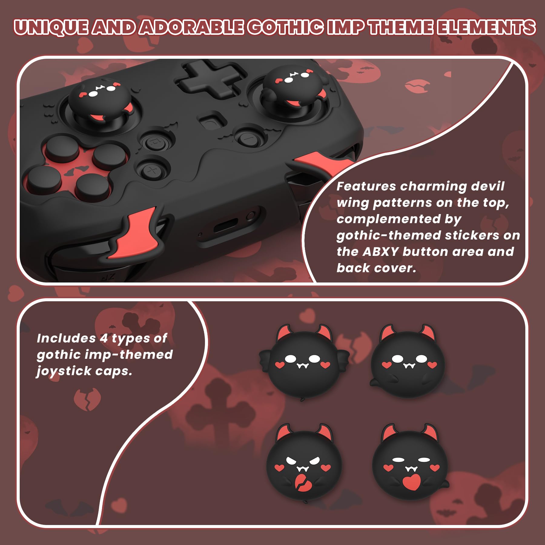 playvital Cover Silicone per Nintendo Switch 1 PRO Controller Custodia Joystick Skin Antiscivolo Protettiva Carina, 4 Copri Levette Analogiche & 2 Adesivi, Serie Imp Gotico, Nero