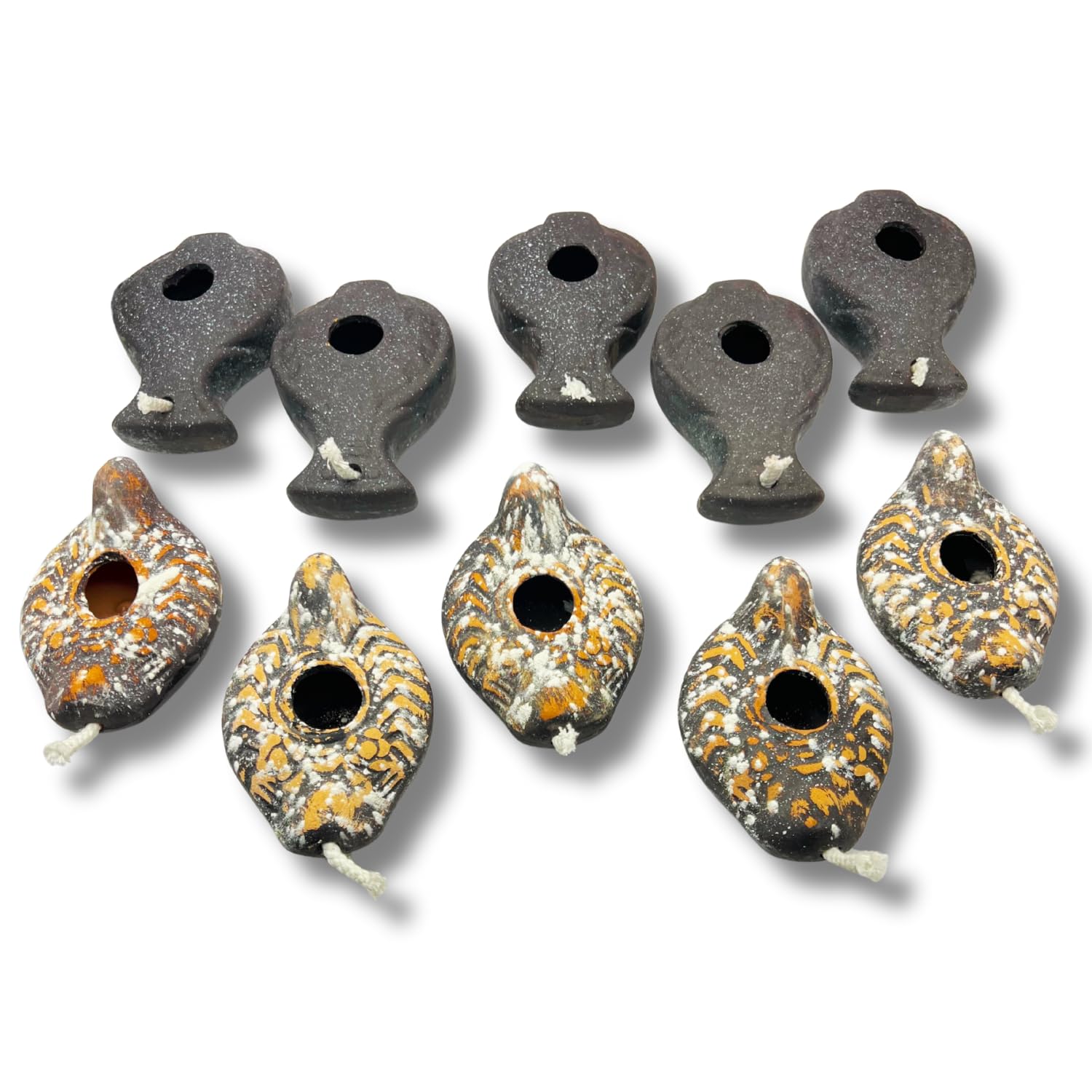 3 Arches USA 10 Replica Ancient Clay Oil Lamps with Wicks - Herodian Holy Land Lamps for Olive Lamp Oil - Biblical Judaica/Christian Holy Water for