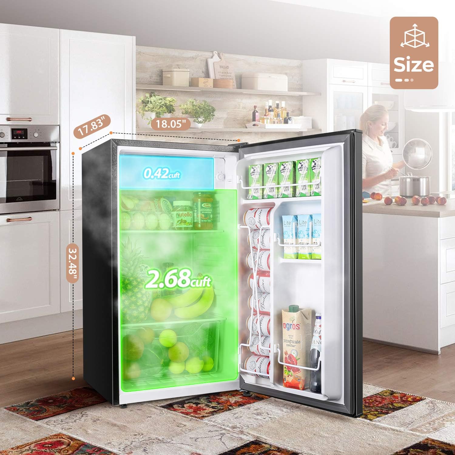 TECCPO Mini Fridge with Freezer TAMF32, 3.1 Cu.Ft, Low Noise, Energy Star, 6 Settings Temperature Adjustable, Mini Fridge for Bedroom, Dorm