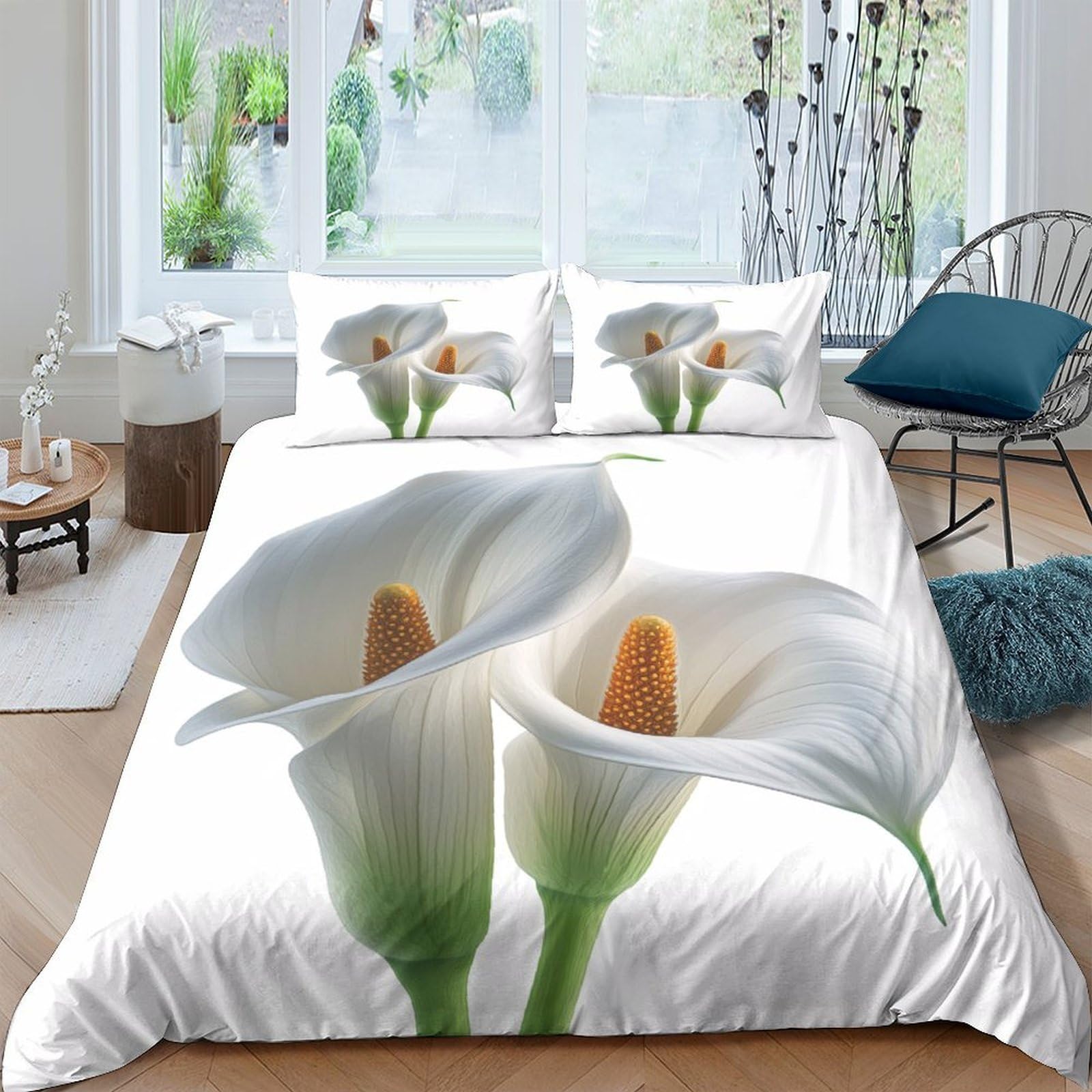 Ctjqhvkz Style-7 3D Printed Calla Lily Fitted Sheet Microfiber Soft White Flower Mattress Cover Anti-Slip Machine Washable Bedroom Decor Single（135X200cm）