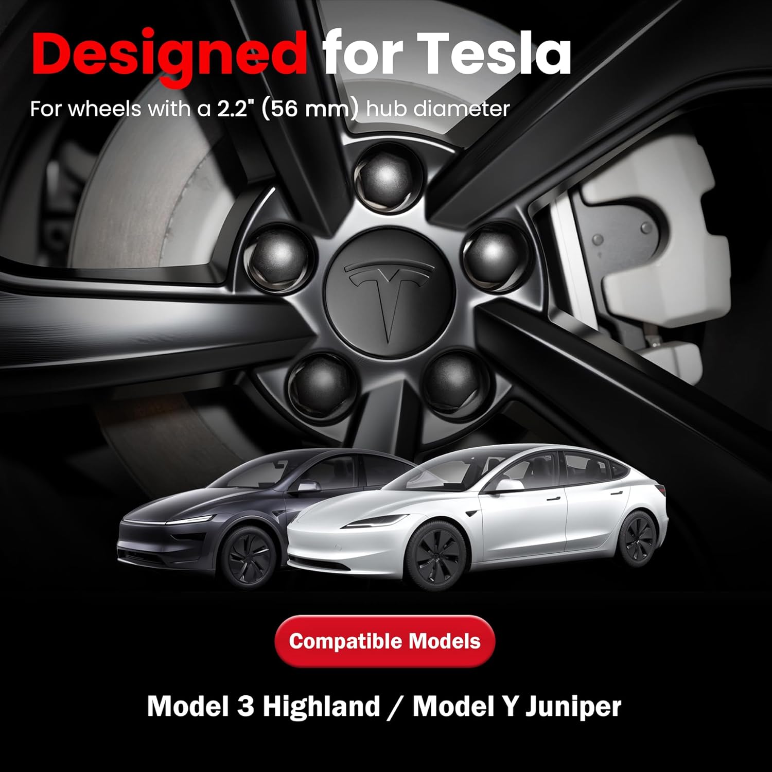 4 Pack Car Wheel Center Hub Cap Kit with 22 Lug Nut Covers, 2.2 in (56mm) Wheel Rim Covers Center Hubcaps with Emblem for Model 3 / Y, Matt Black Gray & Silver Exterior Decoration for Tesla