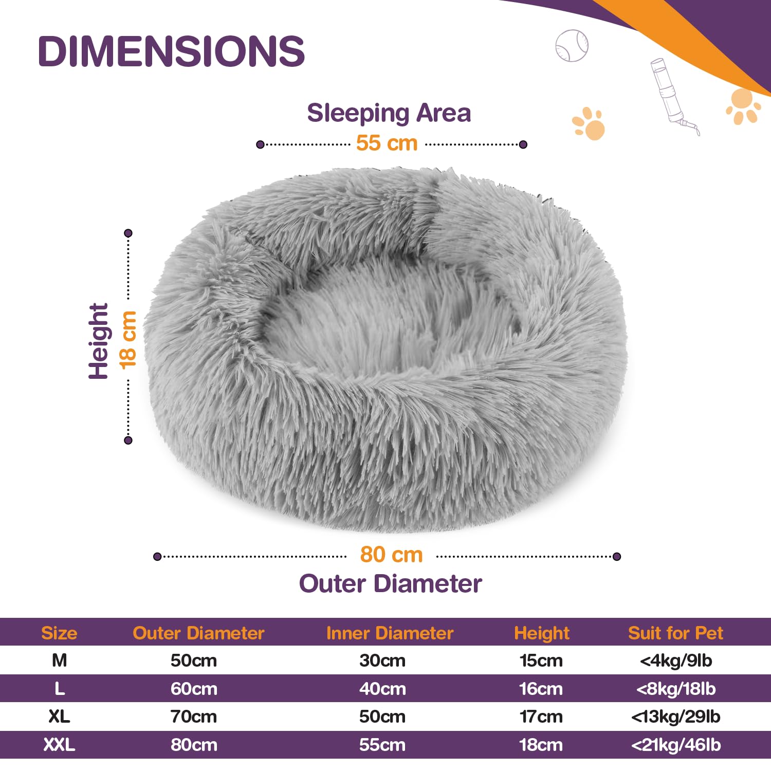 ELYF Plush Donut Dog Bed (80cm), Calming Cat Bed for Indoor Cats Self-Warming Round Pet Cushion with Anti-Slip - Image 2